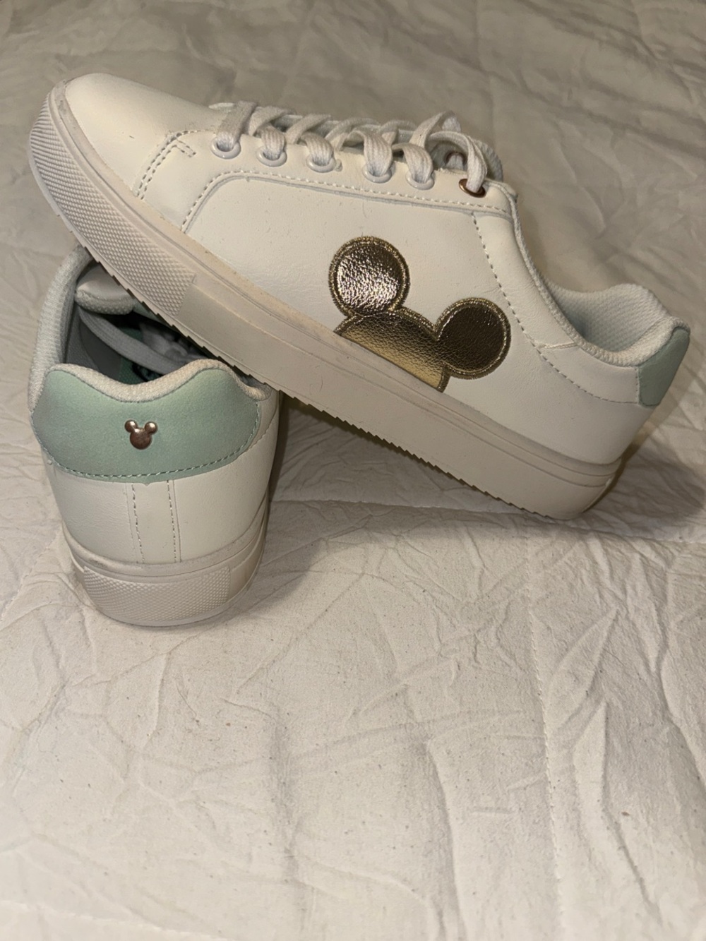Disney White Sneakers with Gold Eyelets and Mint Tongue